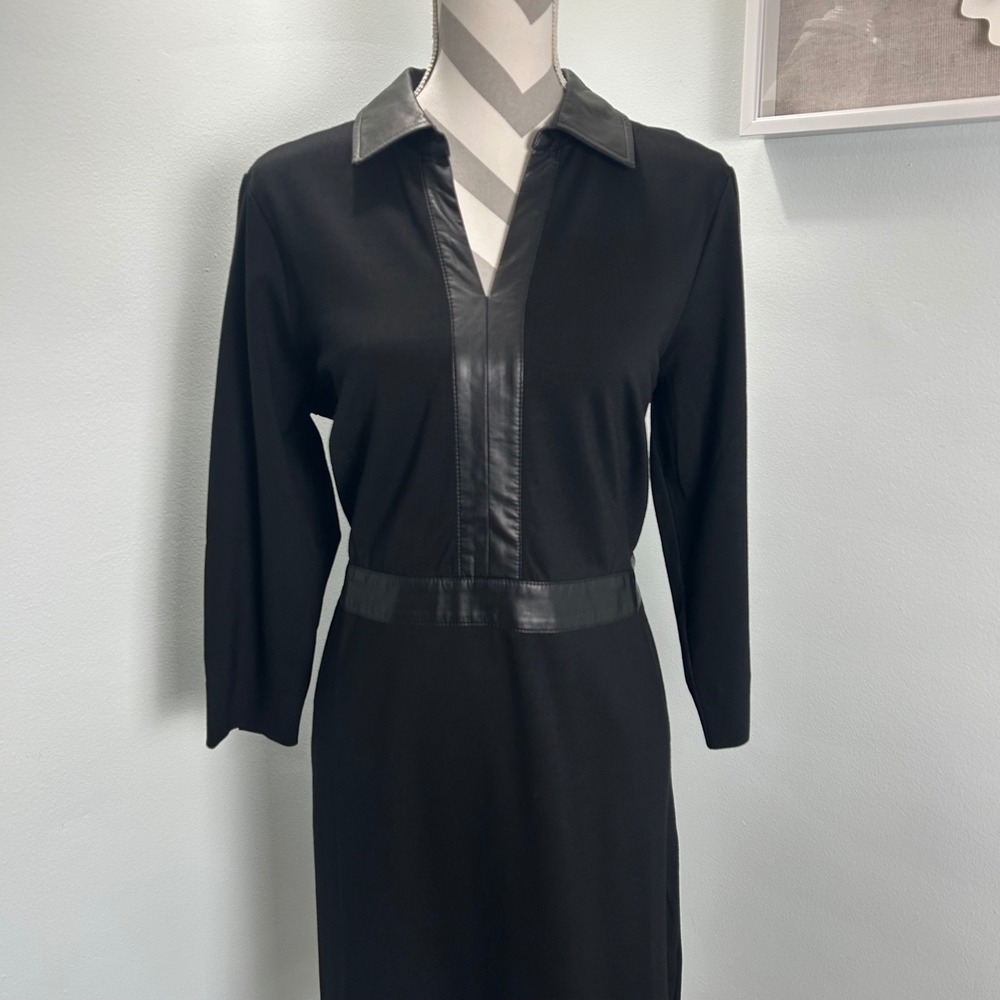 Talbots Petite Black Knee Length Long Sleeve Dress Faux Leather Trim Career  16‎ - Picture 4 of 8